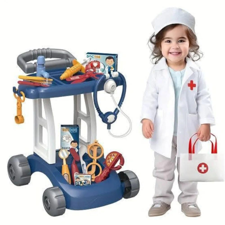 Copii 4 ani+ - Set de Joaca Doctor pentru Copii cu Carucior Medical, Lumini, Sunete si Instrumente Medicale, Albastru