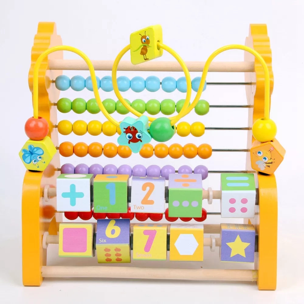 Abac 3 in 1 cu numărătoare din lemn, traseu motricitate și cuburi, jucărie Montessori [2]