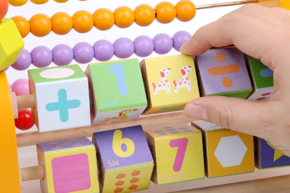 Abac 3 in 1 cu numărătoare din lemn, traseu motricitate și cuburi, jucărie Montessori [5]