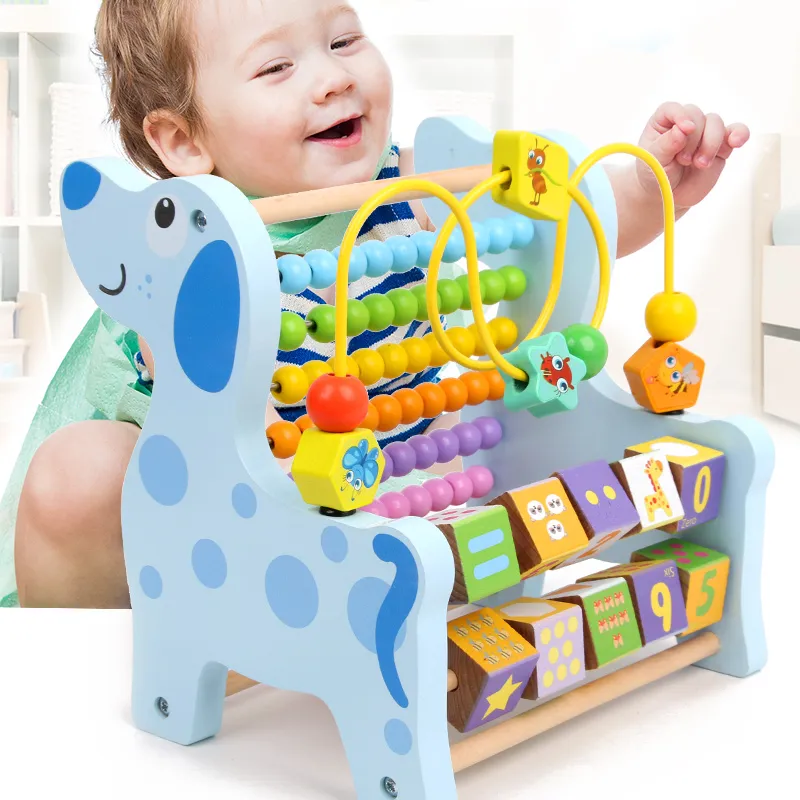 Jucarii Montessori - Abac 3 in 1 cu numărătoare din lemn, traseu motricitate și cuburi, jucărie Montessori
