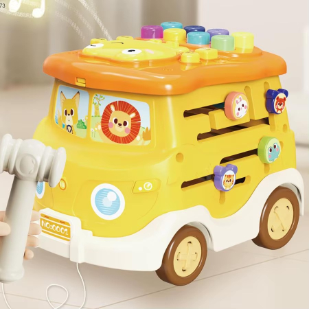 Jucarii copii si bebe - Autobuz Muzical Interactiv pentru Copii, cu Sortator de Forme, Pian, Lumini si Joc Whack-a-Mole