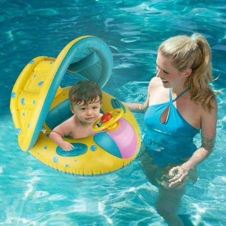 Bebe 9 luni+ - Barcuta tip chilotel cu parasolar detasabil si volan - Buline verzi