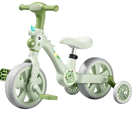Jucarii de exterior - Bicicleta Copii Unicorn Verde, Roti Ajutatoare si Far LED