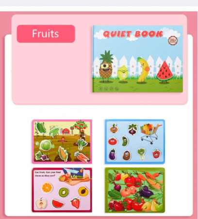Reduceri - Idei de cadouri! - Carte interactiva cu activitati reutilizabile si stickere Quiet Book, cu fructe.