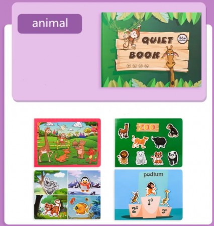 Reduceri - Idei de cadouri! - Caiet interactiv cu activitati reutilizabile si stickere Quiet Book, Verde cu animale din jungla.