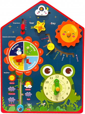 Copii 3 ani+ - Calendar Interactiv din lemn, Jucarie Montessori, Ceas si Vremea 8 in 1