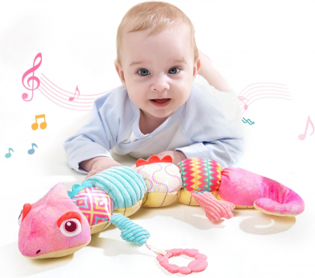 Jucarii de plus zornaitoare - Cameleon colorat cu inele muzicale si jucarii - Jucarie interactiva plus Perna