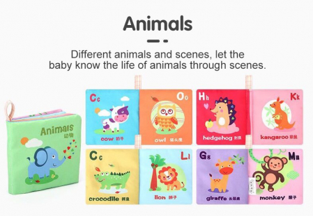 Carte educativa Montessori, pentru copii, din material textil moale, cu jucarie din silicon pentru dentitie, diverse modele. [1]