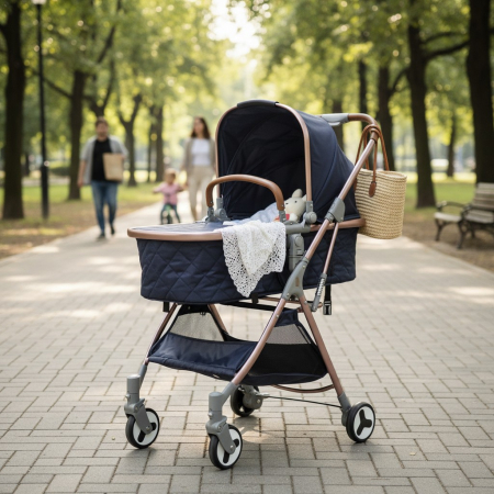 Carucioare si articole transport copii si bebelusi - Carucior 2 in 1 pentru Bebelusi cu Cadru Rose Gold, Landou Transformabil in Scaun Sport, 0 Luni +