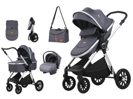 Carucioare si articole transport copii si bebelusi - Carucior 3 in 1, Landou Inclus, Scoica Auto, Reversibil, Pliabil, Cadru din Aluminiu, 0-36 luni, GRI