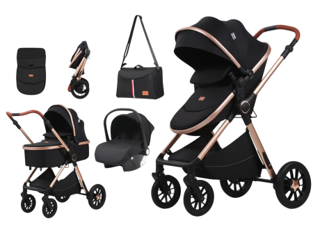 Carucioare si articole transport copii si bebelusi - Carucior 3 in 1, Landou Inclus, Scoica Auto, Reversibil, Pliabil, Cadru din Aluminiu, 0-36 luni, NEGRU