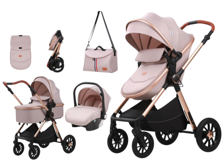 Carucioare si articole transport copii si bebelusi - Carucior 3 in 1, Landou Inclus, Scoica Auto, Reversibil, Pliabil, Cadru din Aluminiu, 0-36 luni, BEJ