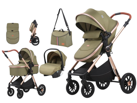 Carucioare si articole transport copii si bebelusi - Carucior 3 in 1, Landou Inclus, Scoica Auto, Reversibil, Pliabil, Cadru din Aluminiu, 0-36 luni, VERDE