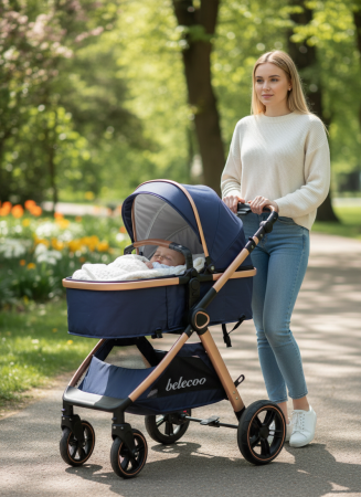 Carucioare si articole transport copii si bebelusi - Carucior 2 in 1 cu Landou, Geanta Inclusa, Cadru de Aluminiu, Roti Pivotante 360 si Suport Pahar, 0-36 Luni, BLEUMARIN