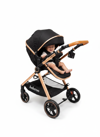 Carucioare si articole transport copii si bebelusi - Carucior 2 in 1 cu Landou, Geanta Inclusa, Cadru de Aluminiu, Roti Pivotante 360 si Suport Pahar, 0-36 Luni, NEGRU