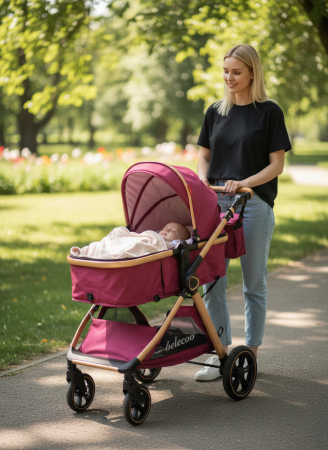 Carucioare - Carucior 2 in 1 cu Landou, Geanta Inclusa, Cadru de Aluminiu, Roti Pivotante 360 si Suport Pahar, 0-36 Luni, ROZ NEON