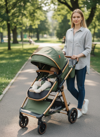 Carucioare - Carucior 2 in 1 cu Landou, Geanta Inclusa, Cadru de Aluminiu, Roti Pivotante 360 si Suport Pahar, 0-36 Luni, VERDE