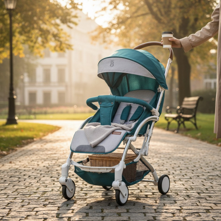 Carucioare si articole transport copii si bebelusi - Carucior Sport pentru Bebelusi Pliabil, Roti Pivotante,  Cadru Metalic, Spatiu de Depozitare, ALB/TURCOAZ