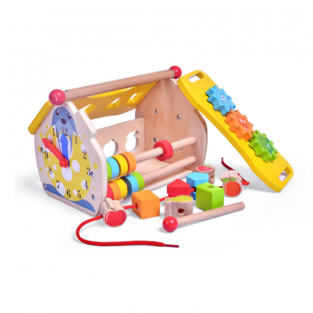 Copii 3 ani+ - Casă din lemn Acool Toy - Cu xilofon, sortator, angrenaje, ceas, coș de gunoi