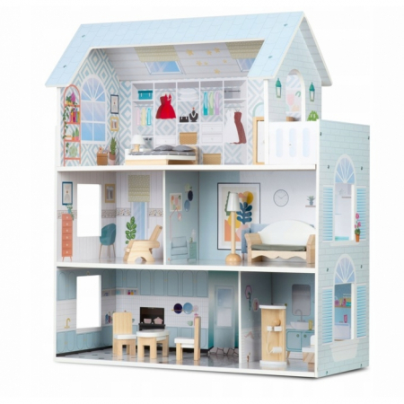 Jucarii copii si bebe - Casuta de papusi din lemn cu 3 etaje, mobilier inclus, 60 x 24 x 70 cm, Ricokids RK-878 - Albastru deschis