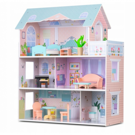 Jucarii copii si bebe - Casuta de papusi din lemn cu 3 etaje, mobilier inclus, 60 x 24 x 70 cm, Ricokids RK-878 - Roz