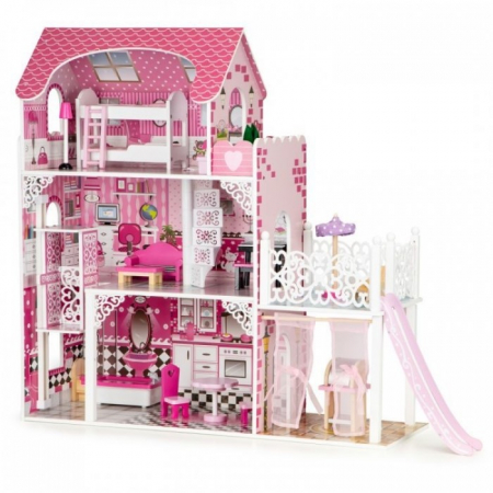 Jucarii copii si bebe - Casuta de papusi din lemn XXL cu lift si tobogan Ecotoys TL49059