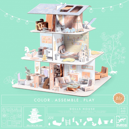 Copii 3 ani+ - Casuta papusilor de asamblat si colorat, Djeco