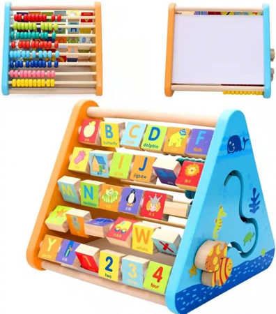 Copii 5 ani+ - Centru de Activități 5 în 1 Multicolor: Litere, Cifre, Abac, Tablă Albă și Ceas