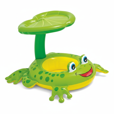 Jucarii de vara - Colac Gonflabil pentru Bebelusi, Tip Barcuta cu Umbrela, Model Broscuta, Verde