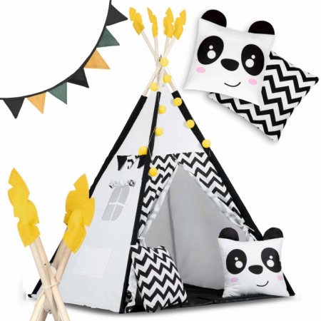 Jucarii copii si bebe - Cort de joaca pentru copii cu ghirlanda, lumini si 2 pernite Nukido 120 x 120 x 160 cm - Panda