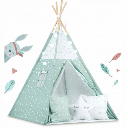 Jucarii copii si bebe - Cort de joaca pentru copii cu ghirlanda, lumini si 3 pernite Nukido 120 x 120 x 165 cm - Mint