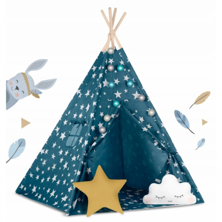 Jucarii copii si bebe - Cort de joaca pentru copii cu lumini si 2 pernite Nukido 120 x 120 x 165 cm - Bleumarin cu stelute 