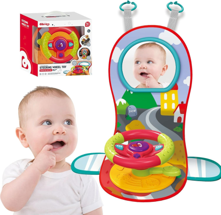 Jucarii copii si bebe - Covoras cu Volan Interactiv pentru Bebelusi, Jucarie Auto cu Sunete, Lumini, Oglinda si Maneta de Viteze