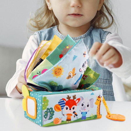 Bebe 9 luni+ - Cub activitati senzorial Montessori cu servetele si oglinda Animale