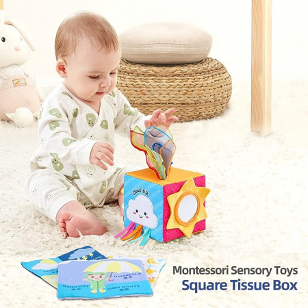 Jocuri si jucarii educative pentru bebe - Cub activitati senzorial Montessori cu servetele si oglinda Vremea