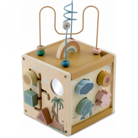 Jucarii copii si bebe - Cub educational din lemn cu diverse activitati, 15.5 x 17 cm, Nukido NK-861