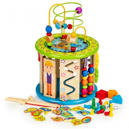 Jucarii copii si bebe - Cub educational din lemn cu jocuri, blocuri si pescuit Ecotoys HM175920