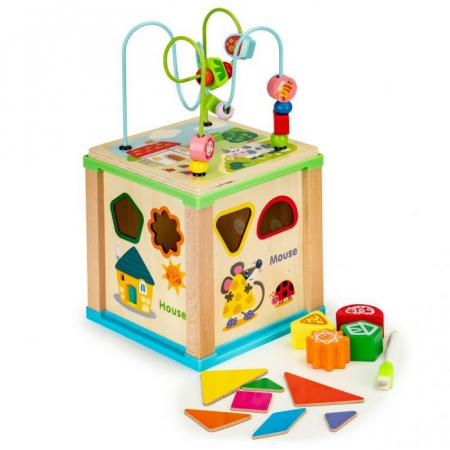 Jocuri de indemanare si dexteritate - Cub educational din lemn cu tabla Ecotoys HM015470
