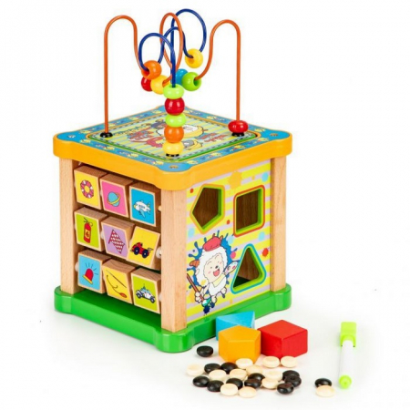 Jocuri de indemanare si dexteritate - Cub educational din lemn cu tabla Ecotoys HM015473