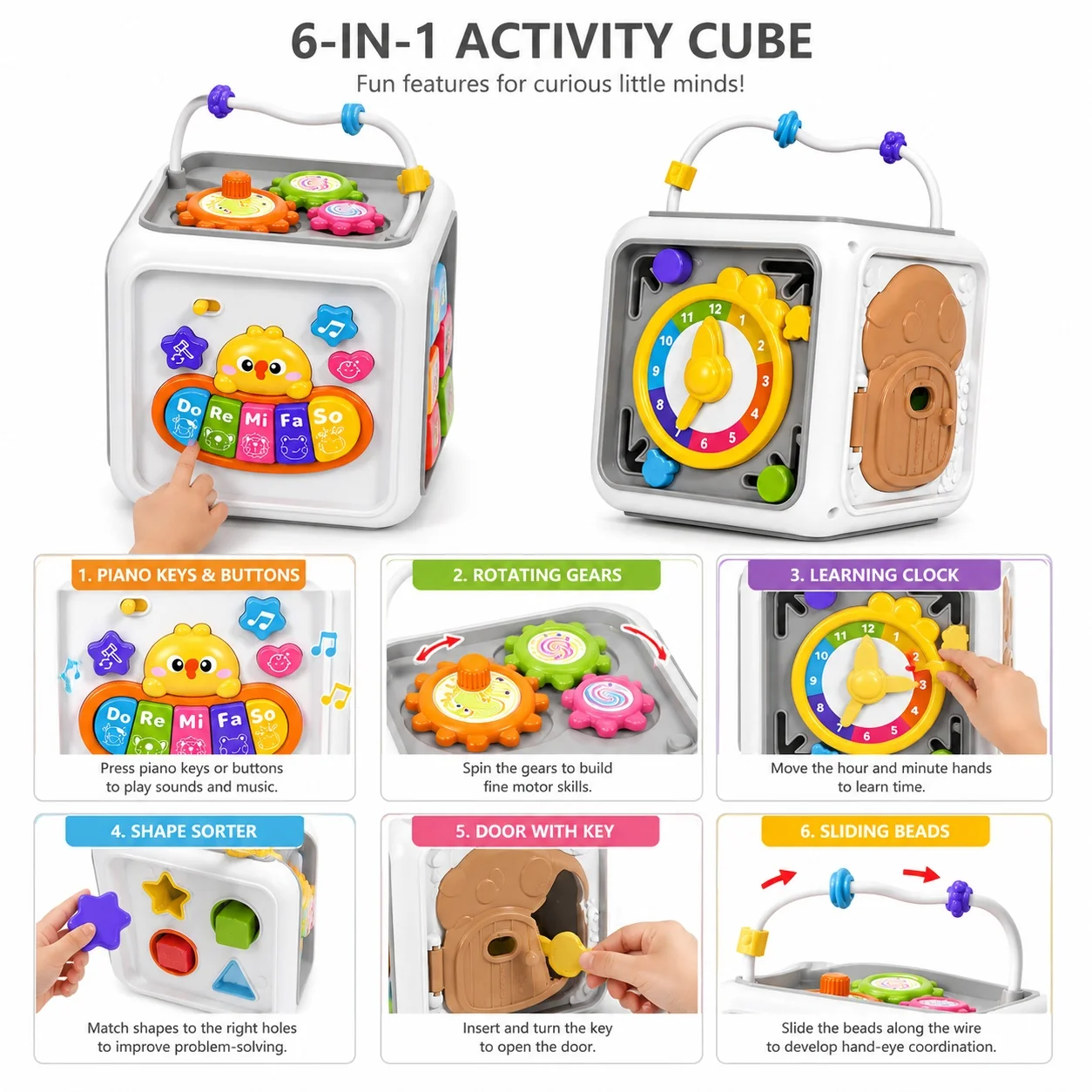 Cub Educativ 6 in 1 Interactiv pentru Copii, cu Pian, Labirint cu Margele, Sortator de Forme si Jocuri de Indemanare [2]