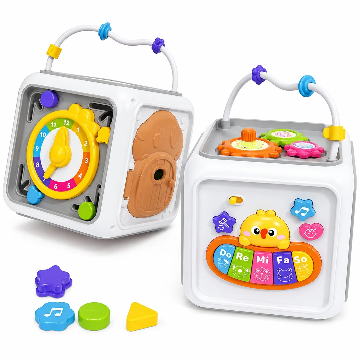 Jocuri de indemanare si dexteritate - Cub Educativ 6 in 1 Interactiv pentru Copii, cu Pian, Labirint cu Margele, Sortator de Forme si Jocuri de Indemanare