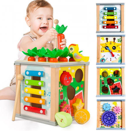 Copii 3 ani+ - Cub Montessori 6 in 1 - pescuit magnetic, roti zimtate, xilofon, sortare si potrivire forme, ceas