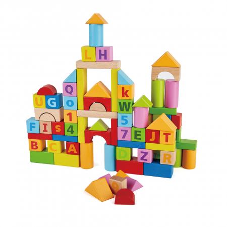 Jocuri si jucarii educative pentru bebe - Cuburi din lemn de construit cu litere si cifre (80 piese in galeata)