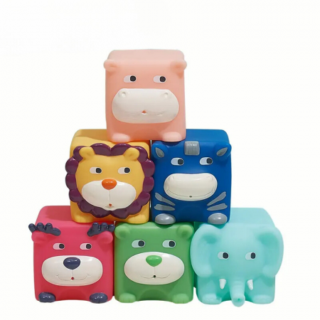 Bebe 9 luni+ - Cuburi Senzoriale Texturate cu Sunete si Lumini pentru Bebelusi, Animalute Vesele, 6 Bucati