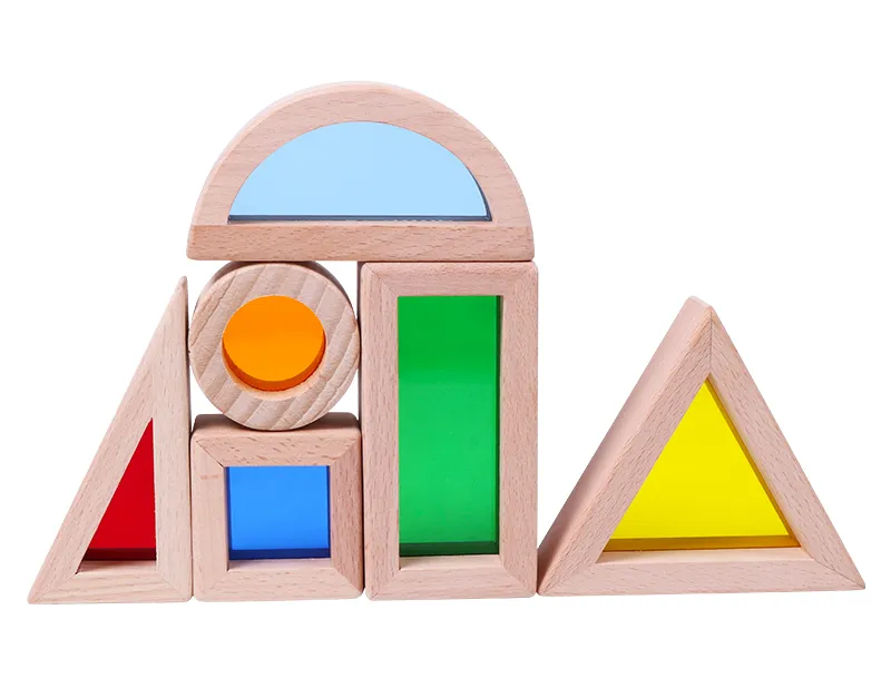 Jucarii din lemn - Cuburi Senzoriale de Construit din Lemn Montessori - Set Educativ cu 6 Piese, Forme Geometrice