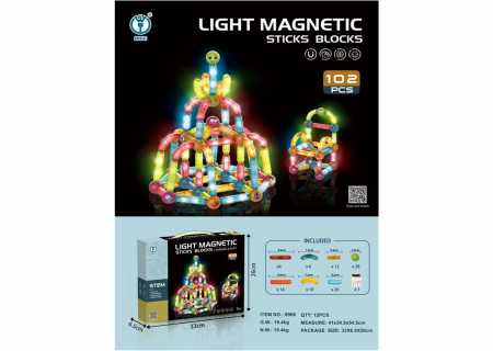 Copii 6 ani+ - Joc STEM tuburi magnetice de construit, piese luminate, 102 piese