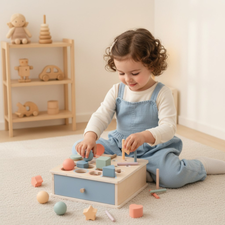 Copii 1 an+ - Cutia Permanentei Montessori din Lemn cu Sertar, Bile și Forme Geometrice, Jucarie Educativa