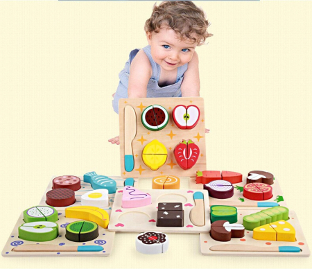 Copii 3 ani+ - Descoperă Distracția Culinară cu Puzzle-ul Incastru Lemn: Alimente de Tăiat, Fructe, Legume, Desert și Pește