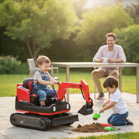 Jucarii de exterior - Excavator Electric pentru Copii cu Brat Mobil, Jucarie de Exterior 2 Motoare 55W cu Telecomanda pentru Parinti, ROSU/NEGRU