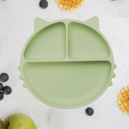 Jocuri si jucarii educative pentru bebe - Farfurie compartimentata din silicon cu ventuza, AppeKids - Kitty - Raw Green